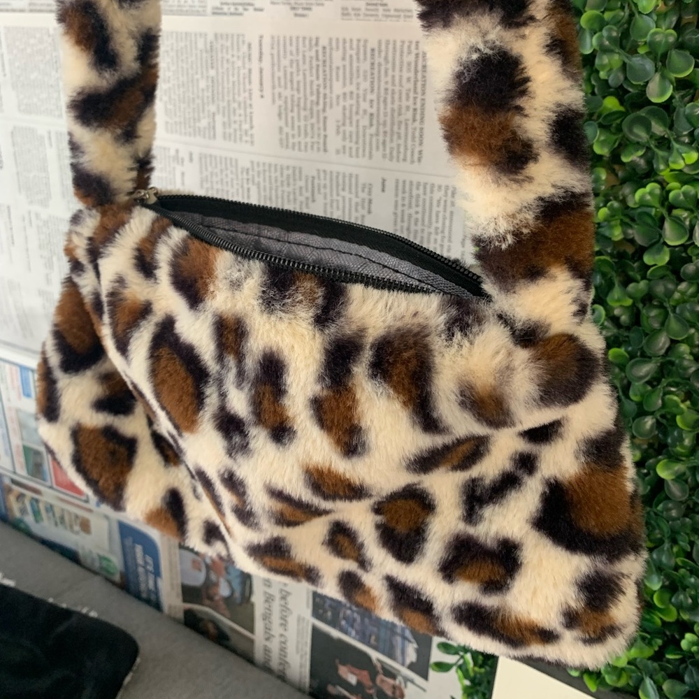 Leopard furry shoulder bag, From-SHEIN, Black,Brown, and Tan.